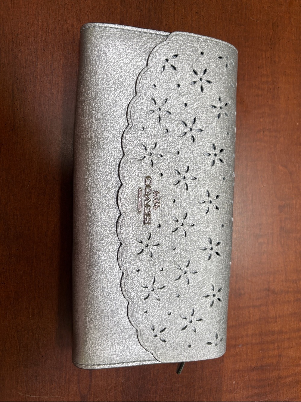 Coach Metallic Silver Floral Cutout Leather Wallet